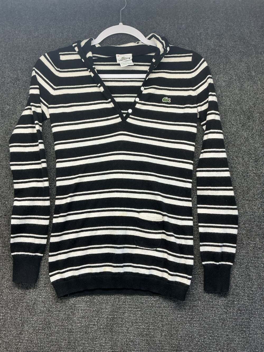 Lacoste Women's Black and White Striped Hooded Knit Sweater with Front Pocket